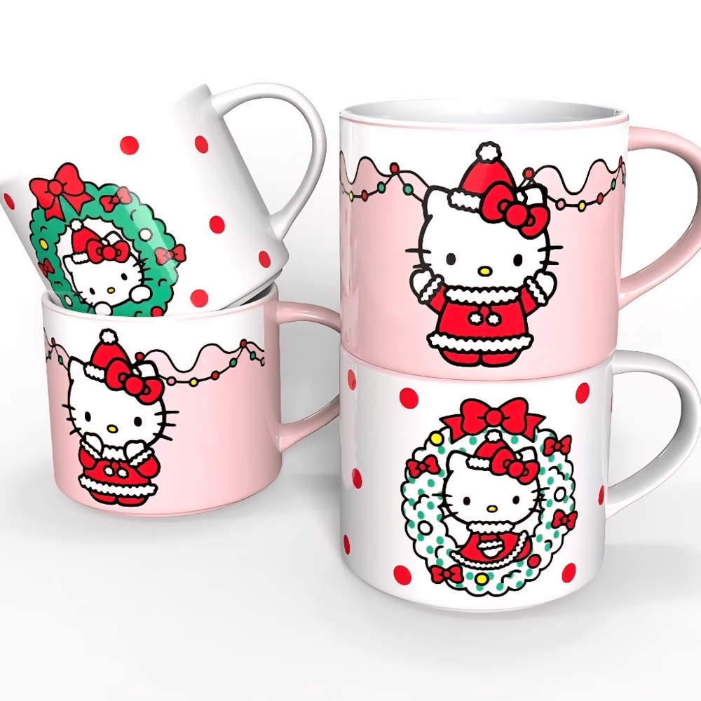 Hello Kitty Stackable 4 Piece Mug Set, 15 oz. Christmas NEW